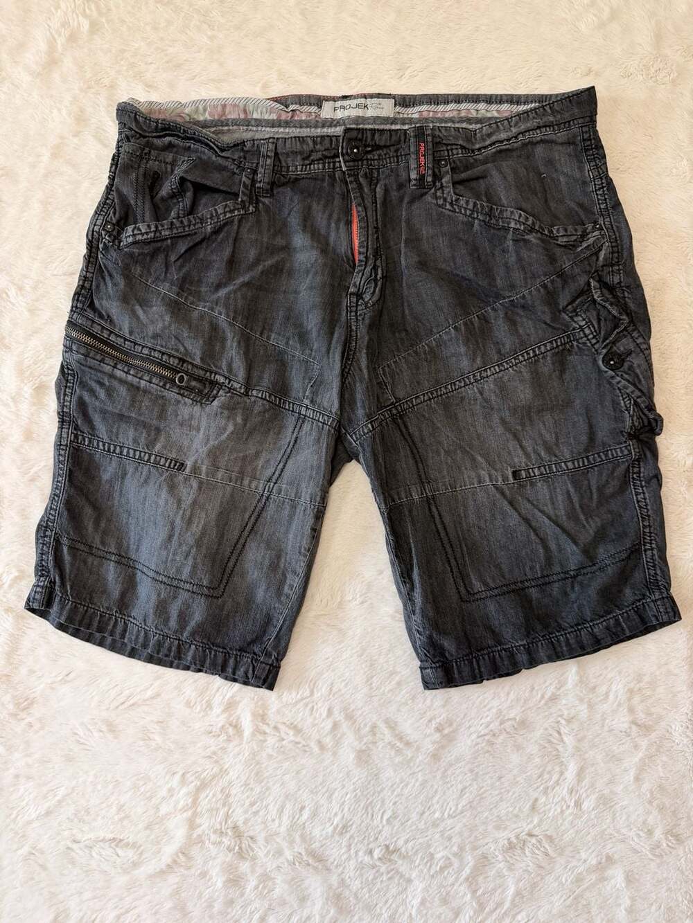 Projek Raw Faded Black Denim Cargo Utility Shorts Size 38